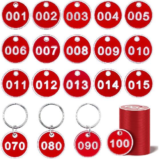 1-100 Numbered Key Tags, Round Metal Tags, Key Chain Labels, Key Tags for Home, Office and Garage, Dorm Keys, House Lockers (Red)