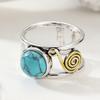 Bohemian Inlaid Imitation Turquoise Women's Ring Vintage Two Color Hand Carving Spiral Daily Wear Party Jewelry Anniversary Gift
