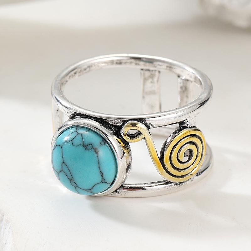 Bohemian Inlaid Imitation Turquoise Women's Ring Vintage Two Color Hand Carving Spiral Daily Wear Party Jewelry Anniversary Gift