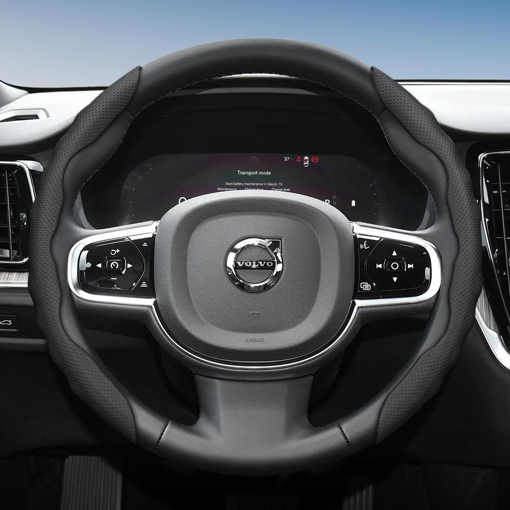 Steering Wheel Cover for Volvo, Wave-Shaped Sporty Design, Breathable Leather, Segmented, Non-Slip, Sweat-Absorb