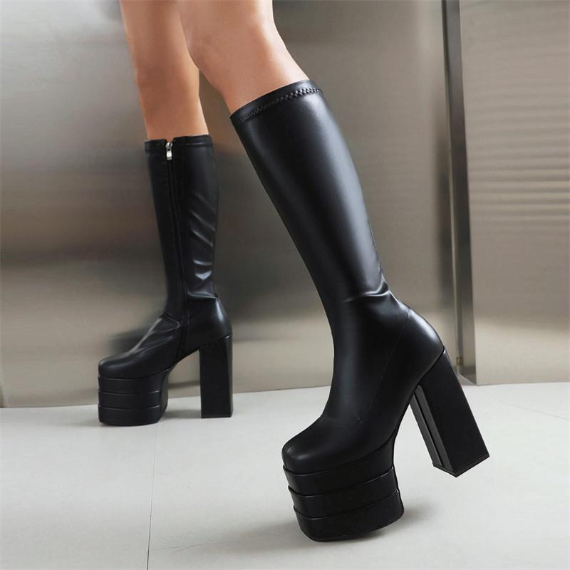 Schwarze Kniehohe Stiefel Damen Plateau Sexy Gothic Punk Absätze Damen Winter Oberschenkelhohe Stiefel Fetisch Partyschuhe Damen Große Größe