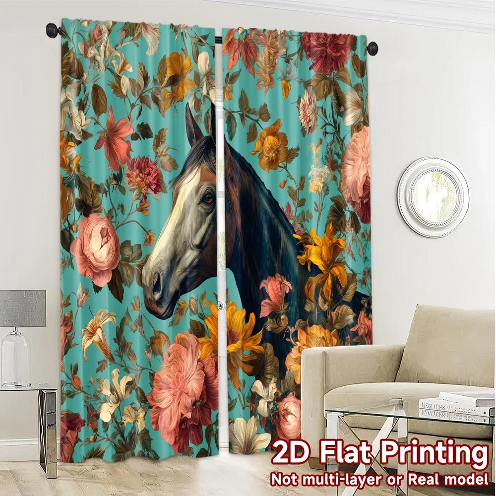 2pcs   2D FLAT PRINTING Curtains (Without Rod) Horse in Bloom Chic Curtain Chic Durable Polyester Curtains Room Decor for Living