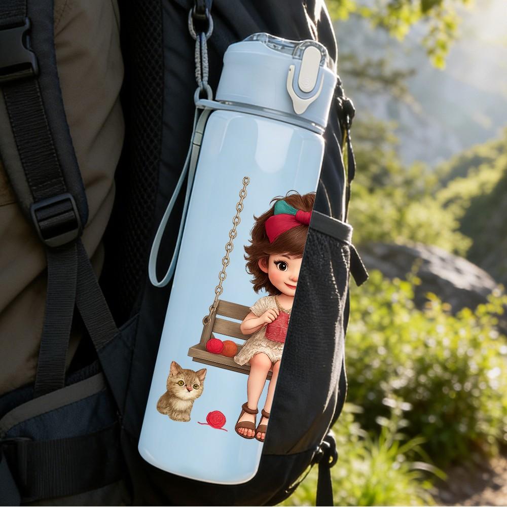 1PC Little Girl Swing Cartoon 750ml Color Plastic Sports Water Bottle Leakproof Flip Straw Lid Suitable for Sports Office Home Use