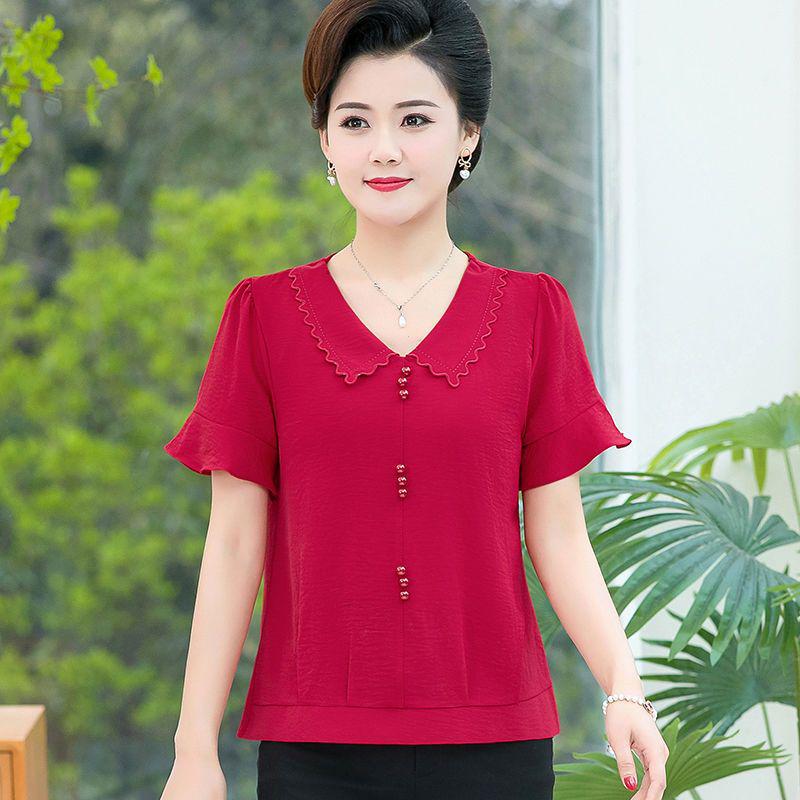 Chiffon Two-Piece Summer Set for Middle-Aged Women - Short Sleeve Top for Mothers