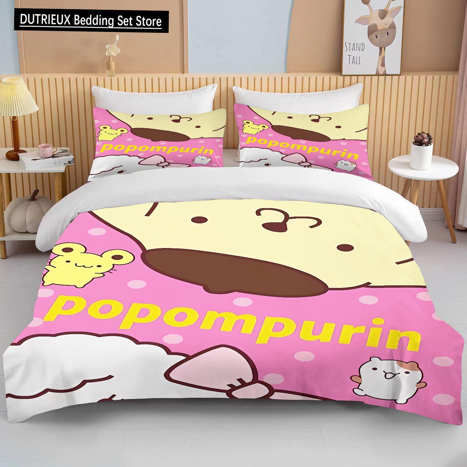 Collection de Linge de Lit Imprimé Kawaii Sanrio Pom Pom Purin Housse de Couette Dessin Animé Anime Couette Taie d'Oreiller Garçons Filles Enfants Adultes King EU single(135x200cm)