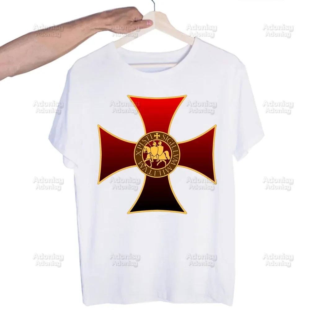 Medieval Knights Templar Printed T Shirt Men Retro Washed Tops Tees Harajuku Tshirt Streetwear Hip Hop Male T-shirts