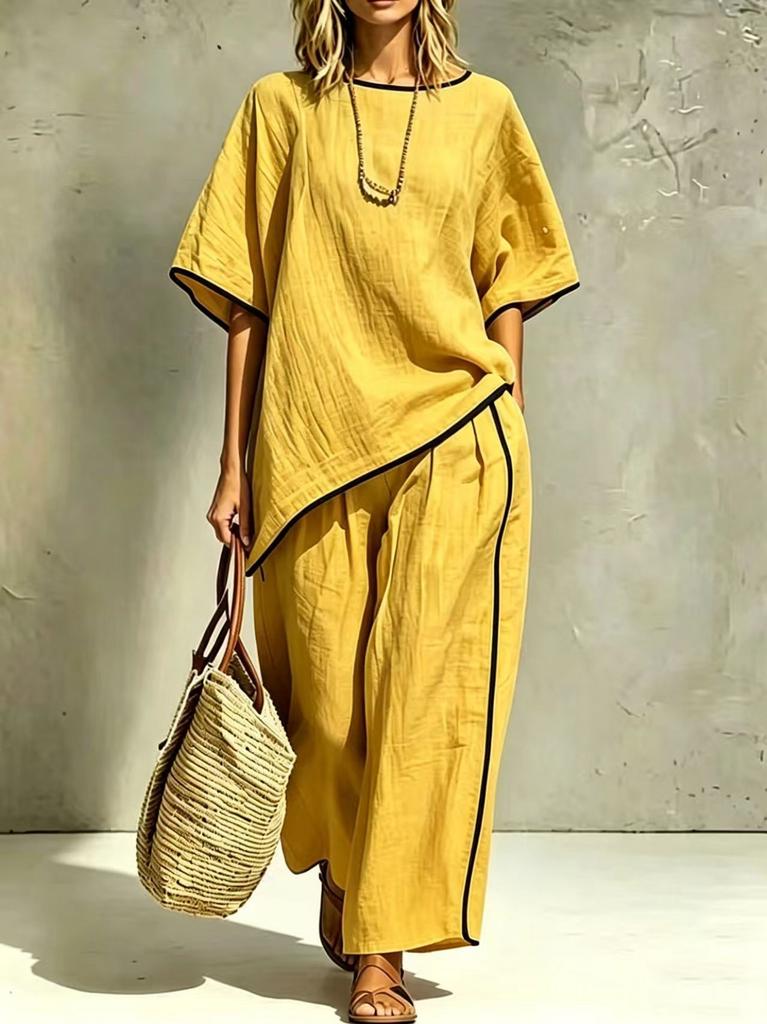 2026 new cross-border European and American women's elegant round neck casual loose short-sleeved two-piece set for women
