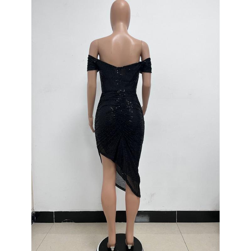 Women's Summer One-line Shoulder French Waist Dress Sequin Bag Hip Mid-length Dress