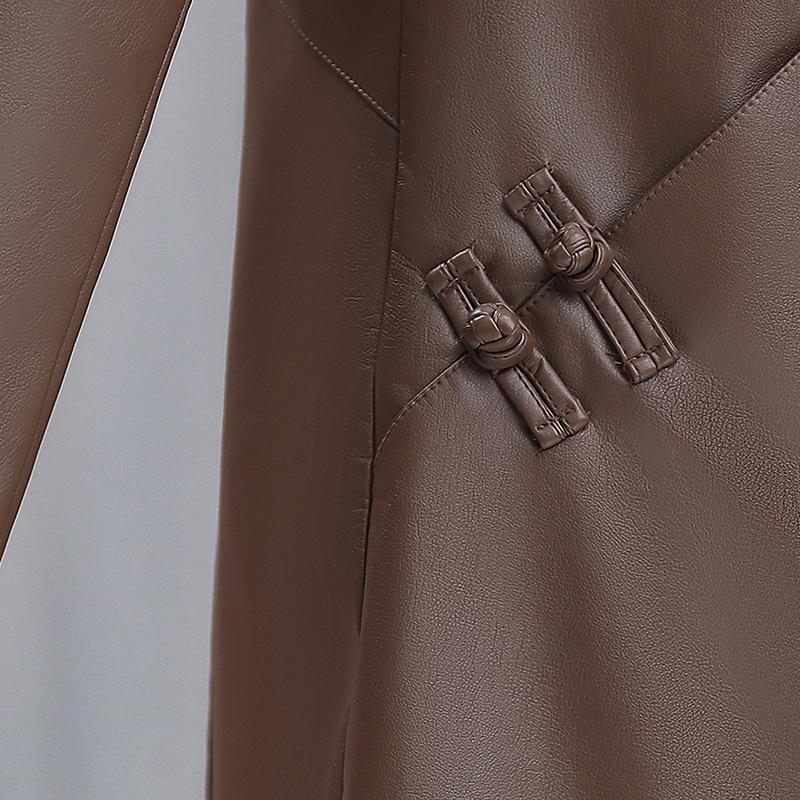 Trench-coat mi-long en cuir PU style coréen pour maman: Minceur, Haut de Gamme, Mode Décontractée pour le Printemps et l'Automne.