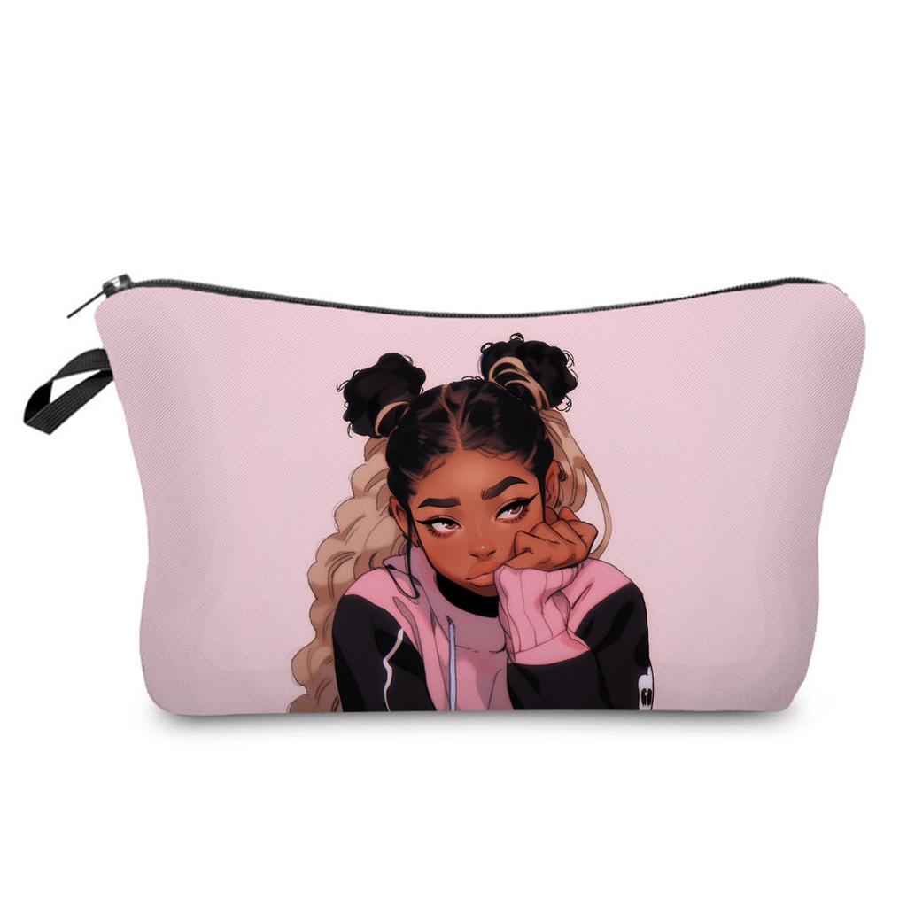 Women Black Girl Print Cosmetic Bag Toiletries Organize Travel Storage Case 6426