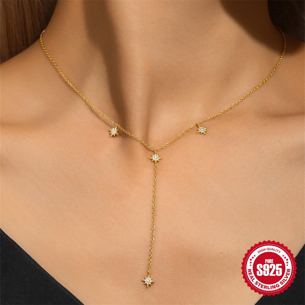 S925 Sterling Silver High-End Long Y-Shaped Fringed Octagram Flash Diamond Women'S Niche Light Luxury Sexy Exquisite Neck Chain