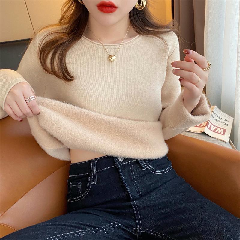 Simple one-piece fleece thickened sweater women's spring basic inner bottoming shirt warm knitted top