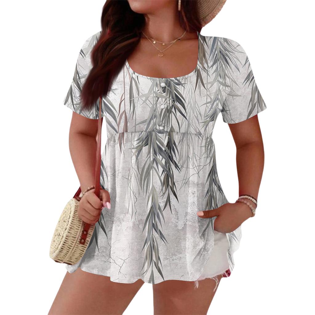 Women's Fashionable Casual Short Sleeve Loose Fit Button Front Printed Blouse