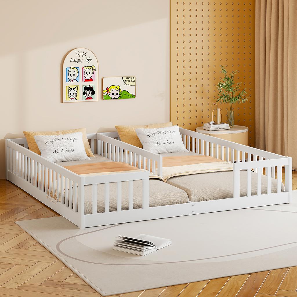 Panel Bed, 90 x 200 cm, Children's Bed with Guardrail, Without Slatted Frame (without mattress), for Families with Two Children, Pine Wood, White