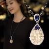 Retro Sapphire Water Drop Sweater Chain Necklace - Elegant Women's Rhinestone Pendant Accessory