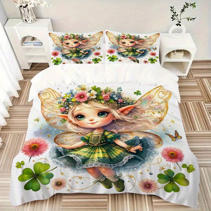 3pcs Lovely Tinker Bell Printed Quilt Set Soft and Comfortable Quilt Cover for Bedroom, Guest Room Bedding Set B058