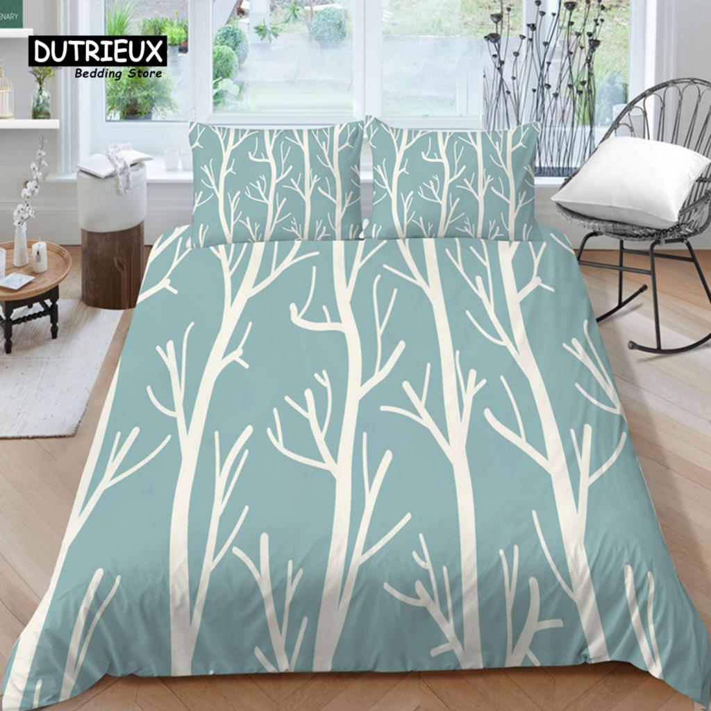 Gradient Color Duvet Cover Woodland Botanical Bedding Set Nature Rustic Tree Branch Leaf Comforter Cover Queen For Kids Adults