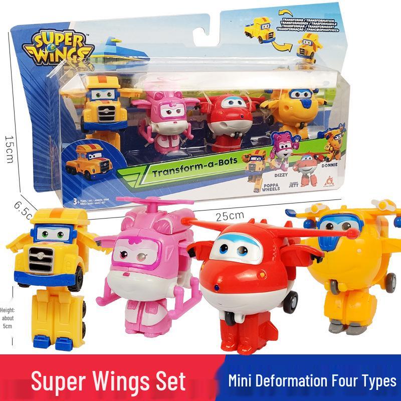 Super Wings 13-Piece Mini Transforming Robot Set: Jett, Big Strong, Jin, and Mighty Little Wing Toys