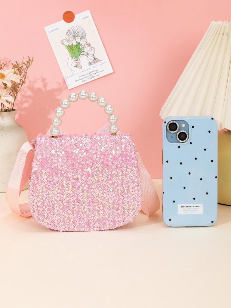 Korean Style Girls' Crossbody Bag with Bowknot, Pearl Details, and Sequin Crystal Patch