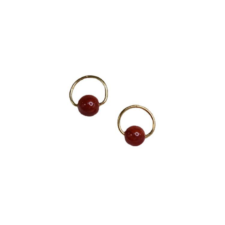 Guochao Retro Elegant Circle Stud Earrings, Gold-Plated S925 Sterling Silver, Women's Red Bean Jewelry