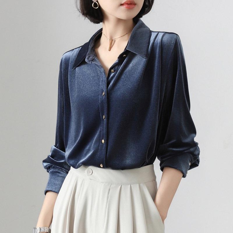 

French Velvet Dark Blue Professional Long-sleeved Shirt Women s Spring Lapel OL Top XS темно-синього кольору