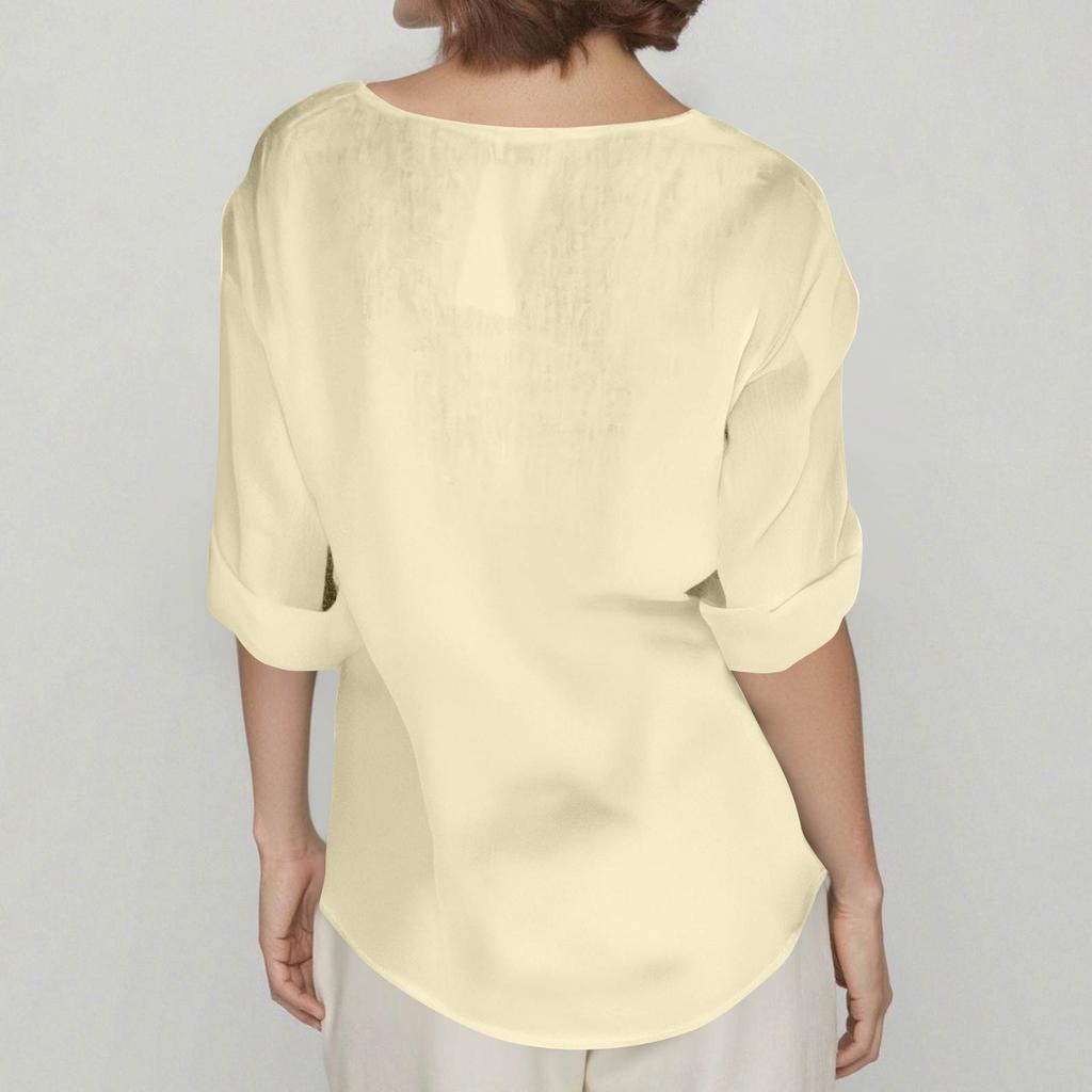 Women V Neck Button Up Three Quarter Sleeve Cotton Linen Blouse Loose Fit Casual Top for Everyday Wear
