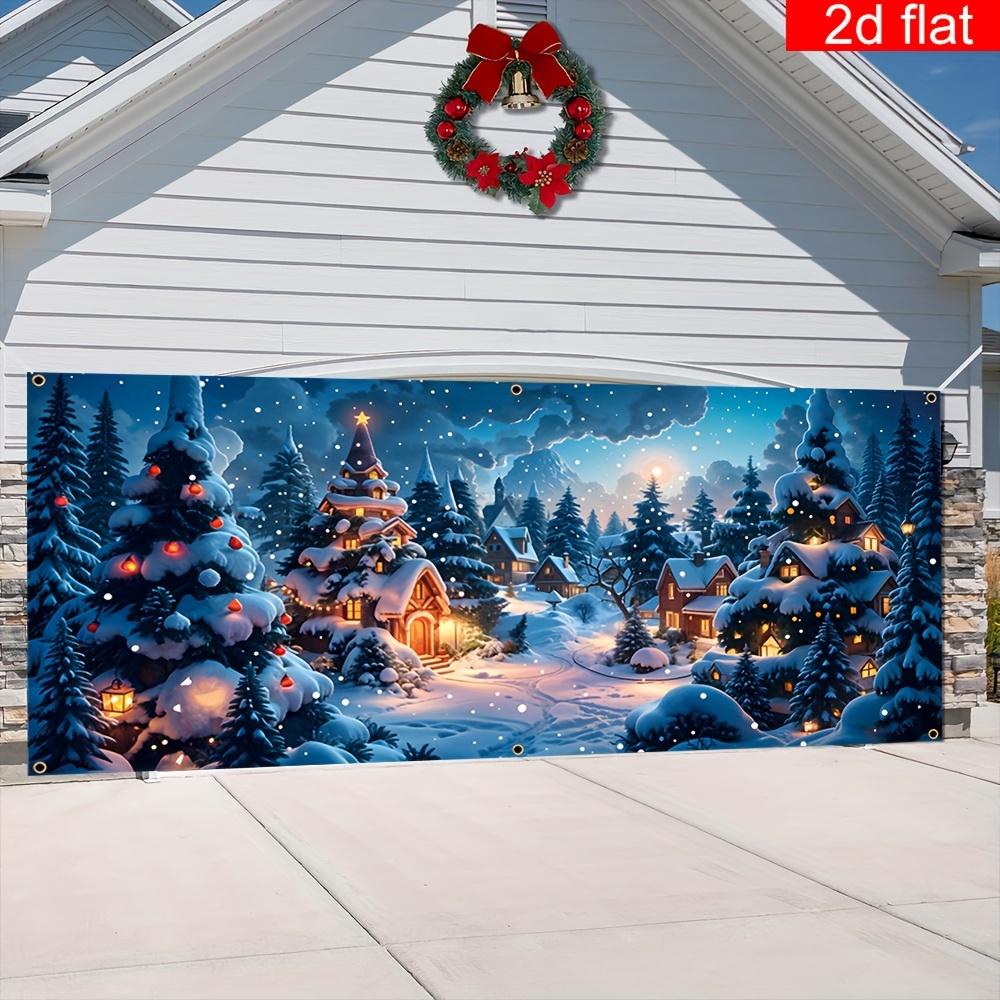 1pcs 2D flat banner Christmas garage door banner winter snow forest pattern durable and easy to hang