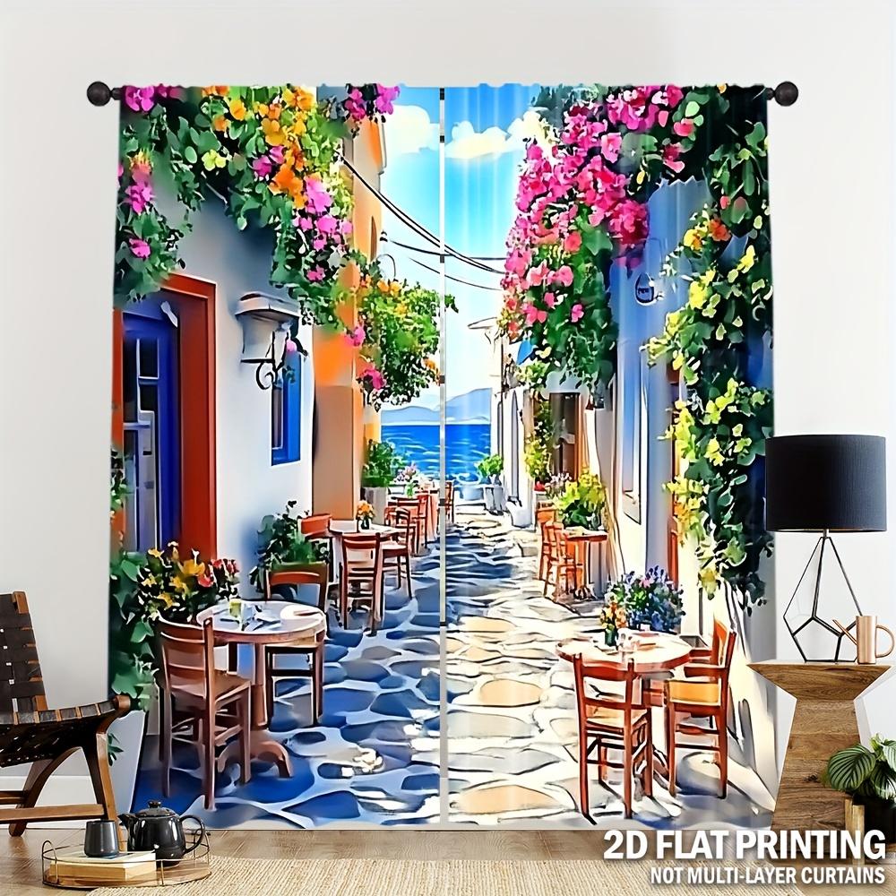 Vibrant Mediterranean Street Curtains Indoor Window Decoration Bohemian Style Italian Village Travel Scene Coastal Po Mural P