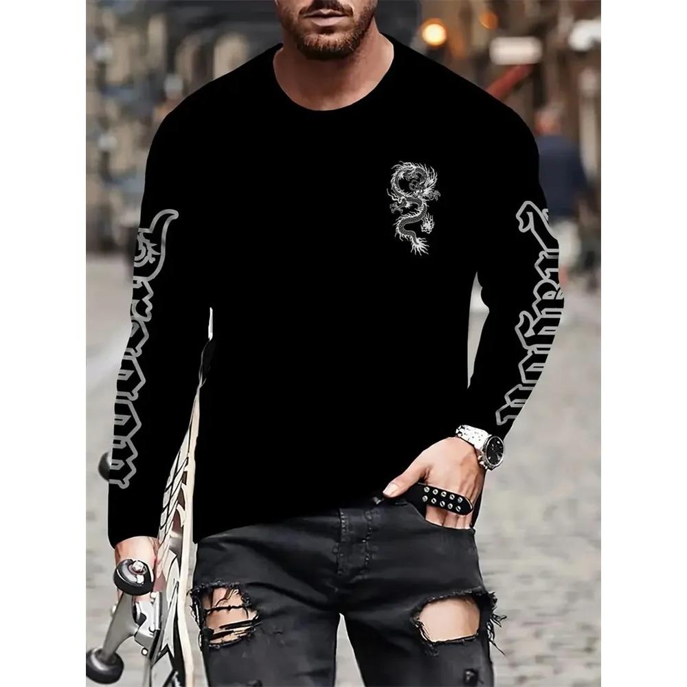Simple Longteng Print Autumn Fashion Crewneck Men's Long Sleeve T-shirt Outdoor Street Fashion Top Everyday Casual Comfort