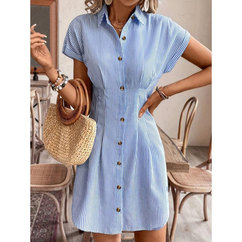 European and American Fashion Commuter Ol Single-Breasted Blue Stripe Cardigan Casual Shoulder Short sleeve Shirts Dress Dress