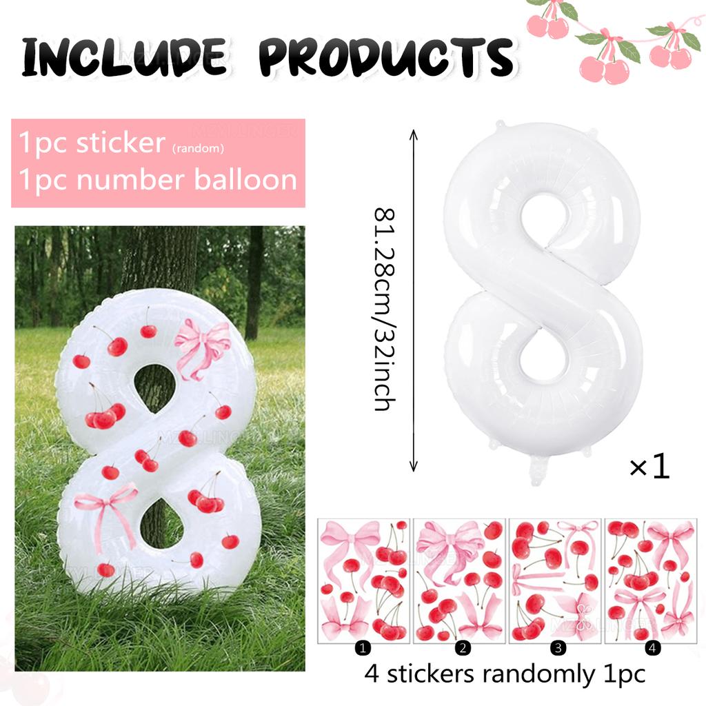 Palloncino digitale bianco da 32 pollici decorato con adesivi di ciliegie e adesivi con fiocchi per feste di compleanno e anniversari