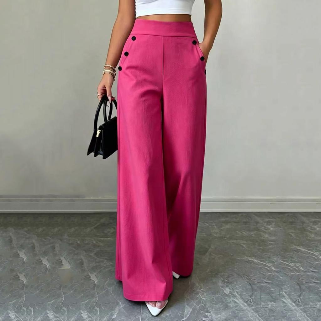 Women High Waist Wide Leg Pants Double Button Loose Fit Straight Leg Trousers Casual Style