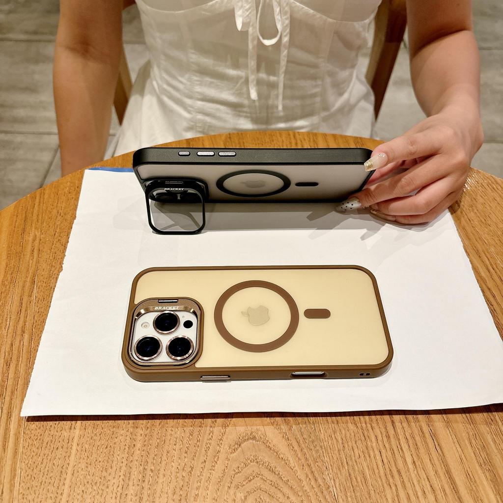 Matte Transparent Solid Color Camera Lens Stand Magnetic Charge Bumper Phone Case For iPhone 17 Air 16 PM 15 Plus 14 13 12 11 Pro Max Protective Cover