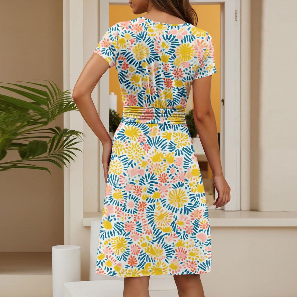 Women's Casual Fashion Round Neck Pleated Short Sleeve Floral Print A-Line Midi Dress