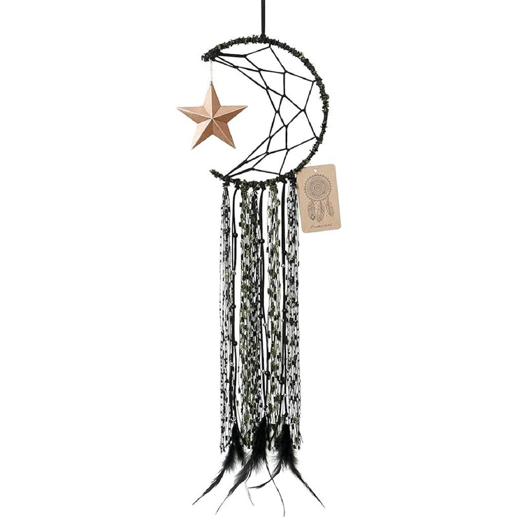 Dremisland Blue Dream Catcher Handmade Half Circle Moon Design Dream Catcher Feather Hanging with Star Home Decoration Ornament Festival Gift (Moon&
