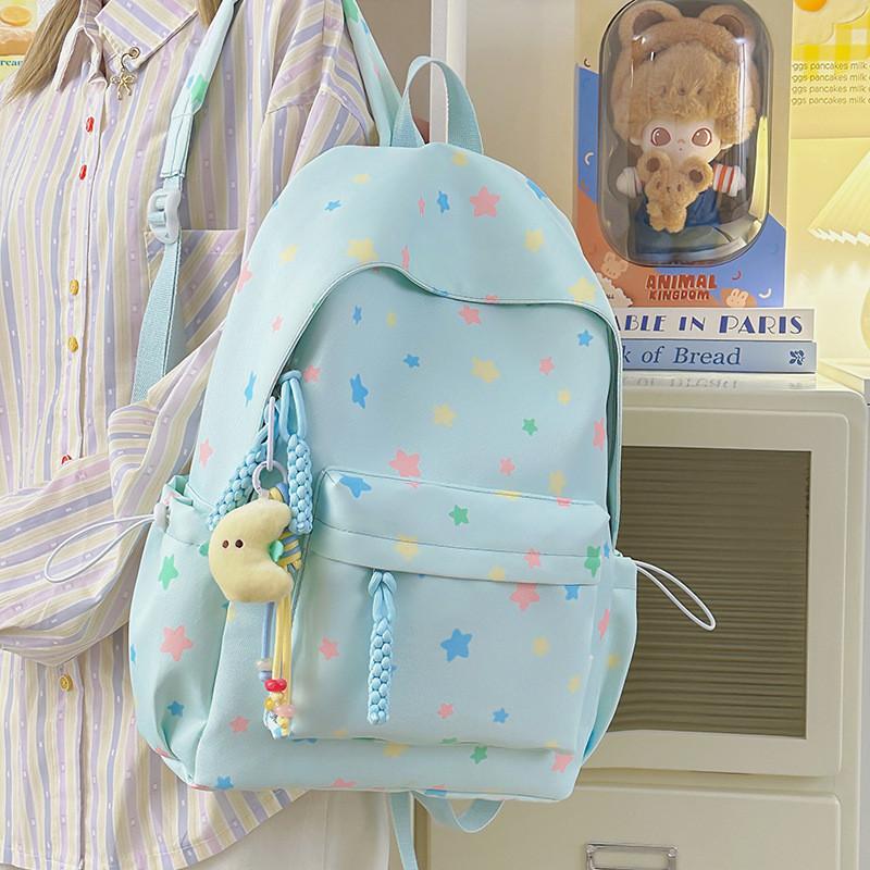 Cute Colorful Star Patterned Student Lightweight Backpack With Plush Pendant For Casual Use