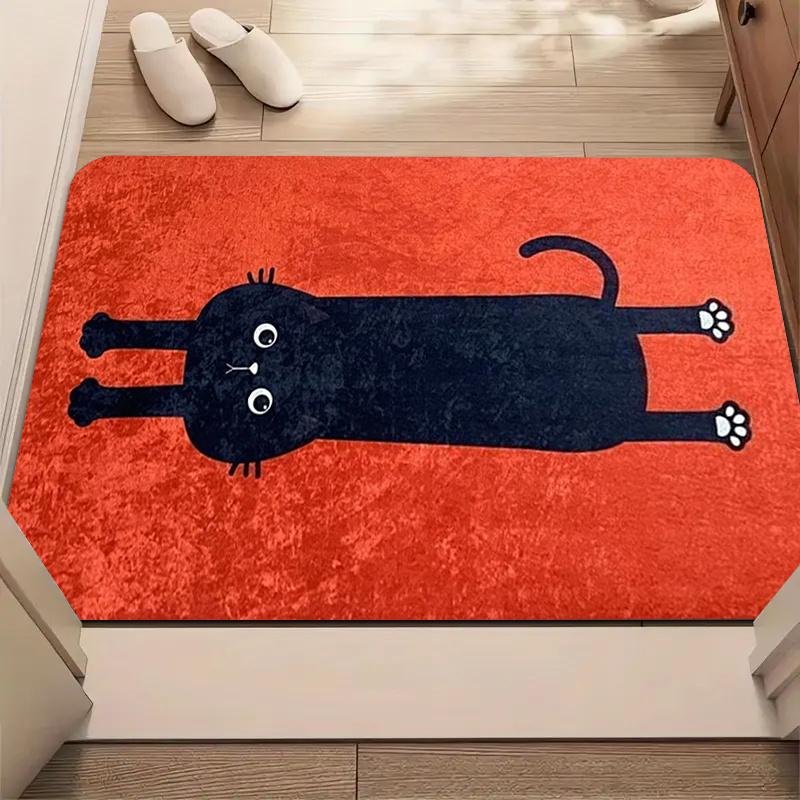 Funny Long‑shaped Black Kitten Rectangle Door Rug Red Vintage Surface Wear‑resistant Easy‑clean Non‑slip Entrance Mat