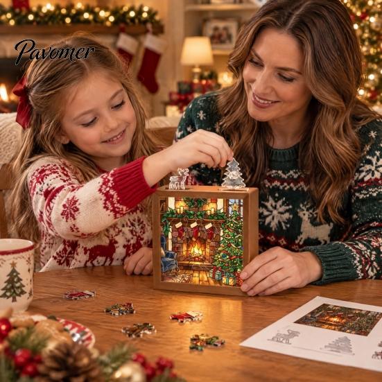 Decorative Room Lighting Christmas Acrylic Puzzle Night Light with Wooden Frame, DIY Stained Glass Style Creative Gift for Kids Jigsaw Lamp