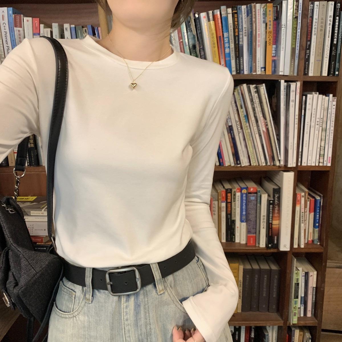 

Women s Slim Fit Cotton Long Sleeve Base Shirt - Autumn/Winter Round Neck Waist-Cinching Top S