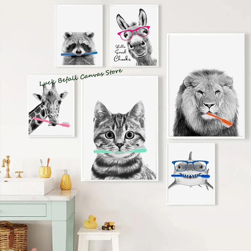 Raccoon Shark Giraffe Parrot Lion Brushing Teeth Canvas Painting Bathroom Wall Art Poster Toilet Decor Shower Room Decoration