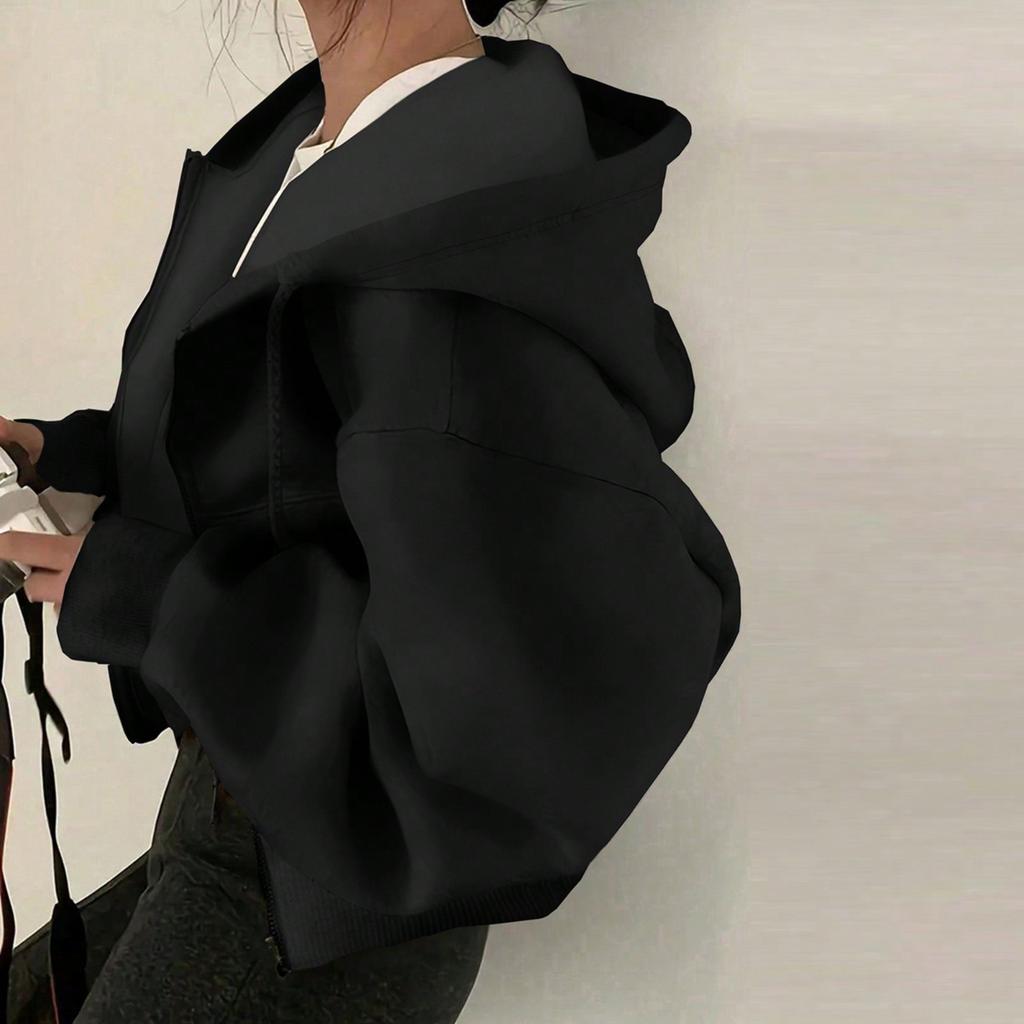 Spring Minimalist- Drawstring Hooded Oversized Long-sleeved Sweatshirt Cardigan