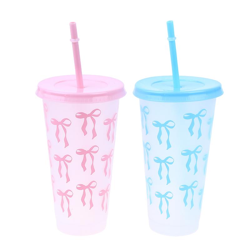 1Pc 710Ml Kawaii Bow Reusable Party Cups With Straw Lid Coffee Juice Tea Cute Tumbler With Straw Plastic Cups Summer Gifts