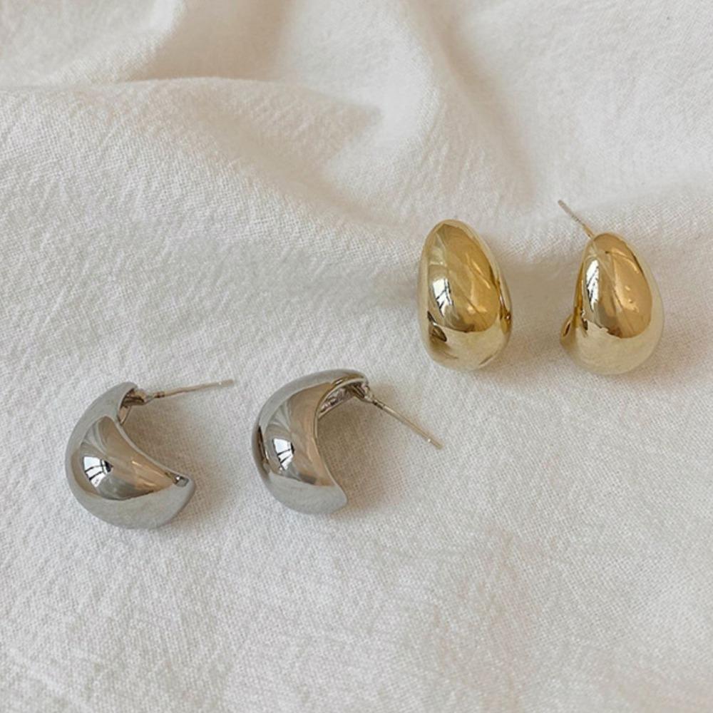 Water Droplet Glossy Teardrop Earrings Retro Half-round Stud Earrings Metal Drop Earrings  Women