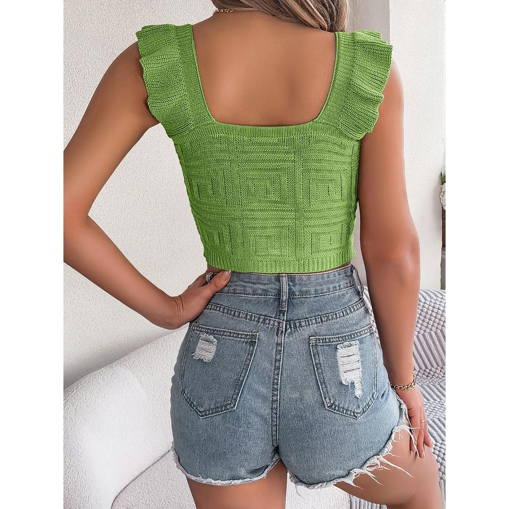 QICED Spring Summer Solid Color Square Neck Black Ear-trimmed Sleeveless Knitted Sweater Crop Top Women's Clothing