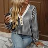 Women T-shirt V-neck Long Sleeve Buttons Half Closure Pullover Tops Color Block Splicing Design Casual Tops Daily Wear