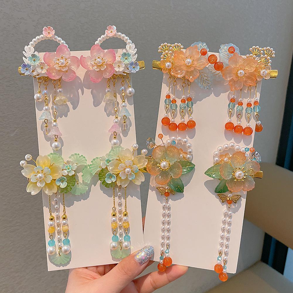 Children's Hanfu Hair Accessories: Girls' Tassel Flower Fairy Clips for Costume