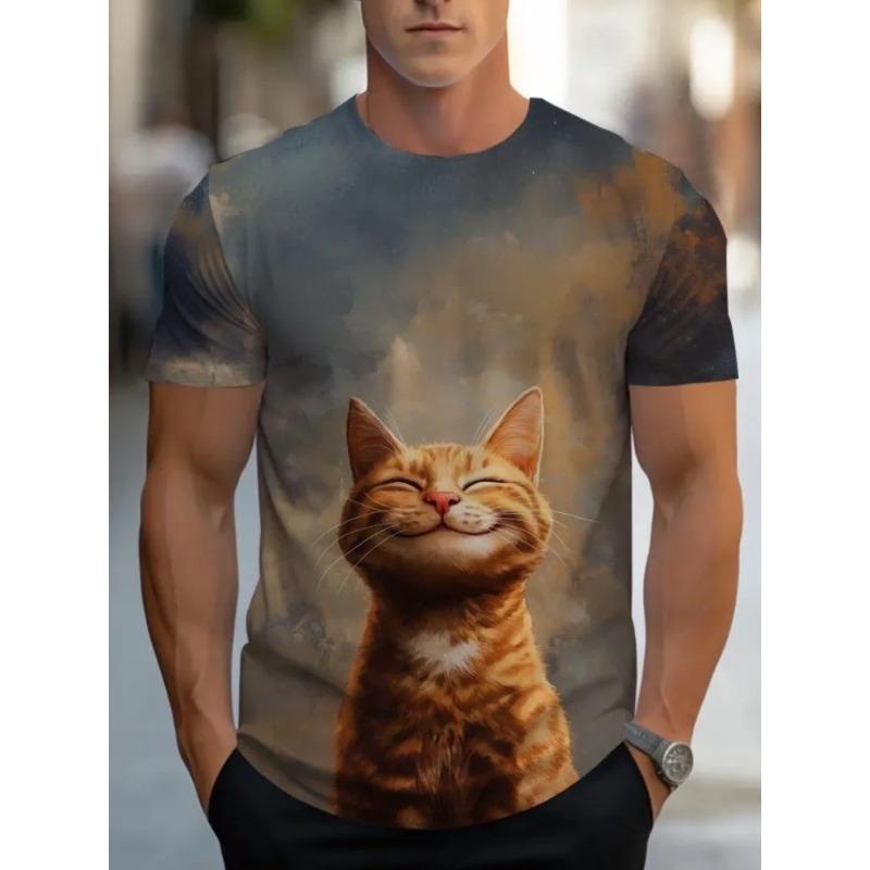 Summer Plus Men's Casual T-shirt Fashionable Blue Cat 3D Printed Sports Short Sleeved Round Neck Tops