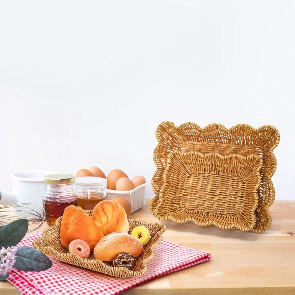 Plastic Hand Woven Storage Basket Large Capacity Fruit Plate Retro Bread Storage Tray Picnic