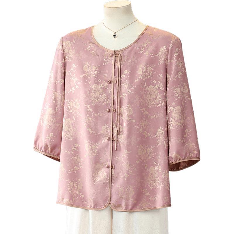 New Chinese Style Seven-Sleeve Top for Women - Summer Plus Size Shirt for Middle-Aged and Elderly