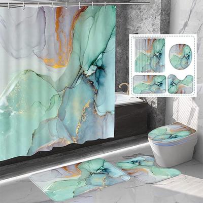 4-teiliges Duschvorhang-Set im Marmor-Stil mit rutschfesten Teppichen, WC-Deckelbezug und Badematten, Badezimmer-Duschvorhang-Teppich-Set
